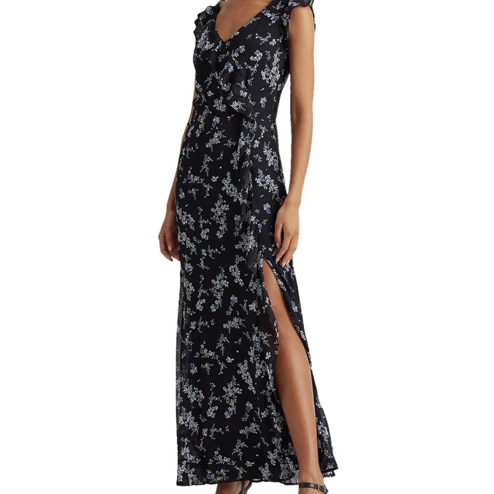 LAUREN RALPH LAUREN Womens Navy Flutter Sleeve Maxi Evening Faux Wrap Dress 10